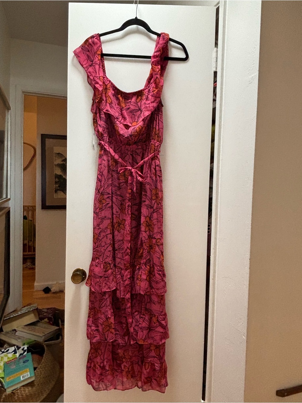 DR2 Pink Floral Tiered Maxi with Ruffle Neckline
